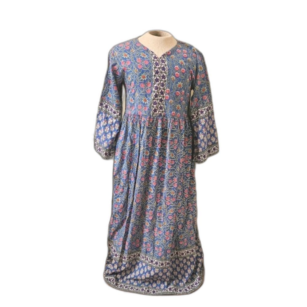 Luxury Garments Maxi Dress Size L-XL Floral Blue & Pink Flowy Trumpet Sleeves